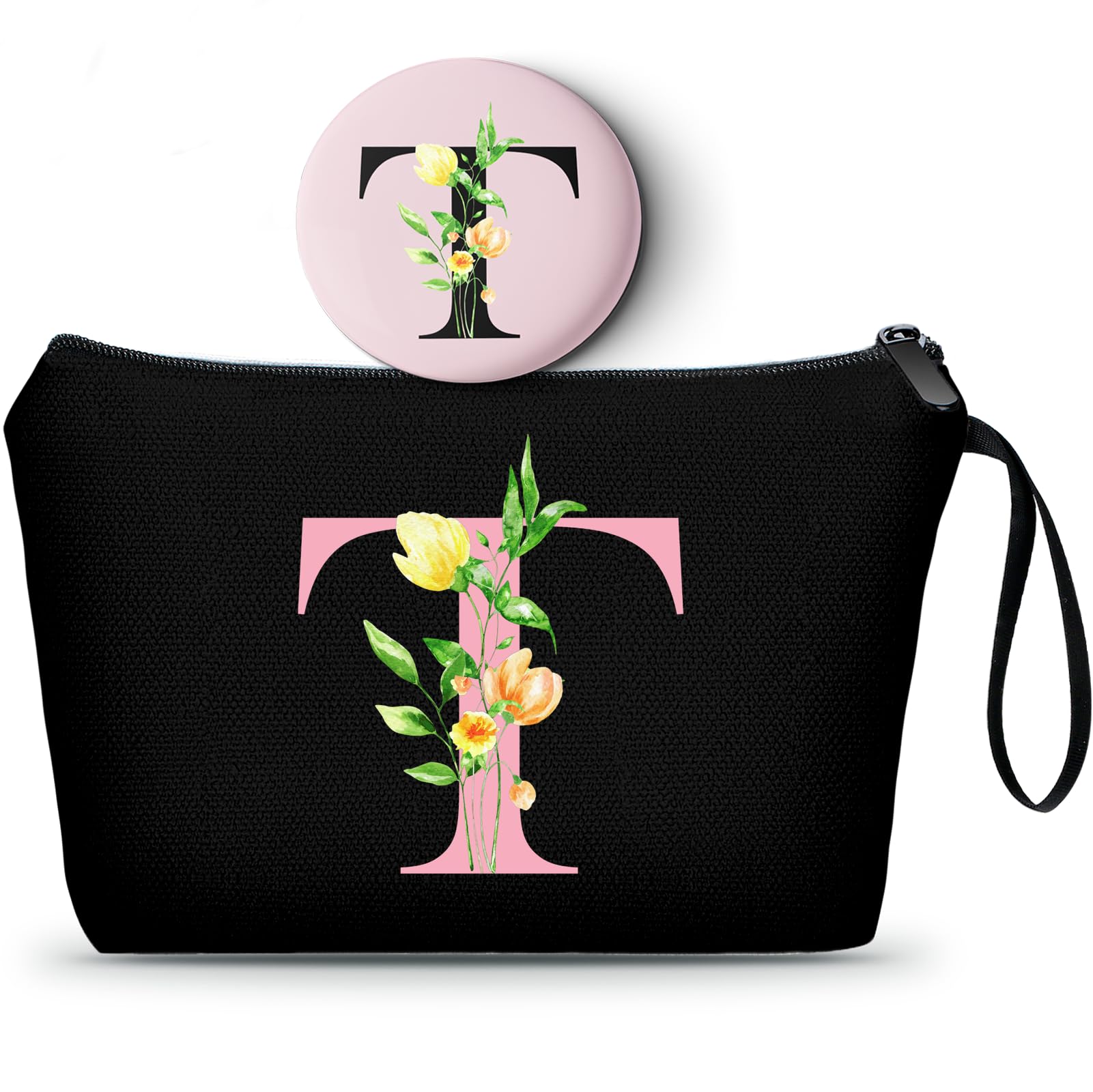 A-Z Bridesmaid gifts for Women, Small Initial Makeup Bag with Mirror, T