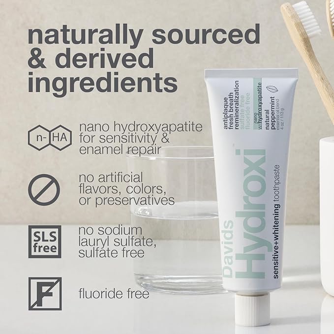 Davids Hydroxi Fluoride Free Nano Hydroxyapatite Toothpaste for Remineralizing, Sensitive Support, Whitening, Antiplaque, SLS Free, Natural Peppermint, 4oz, Made in USA