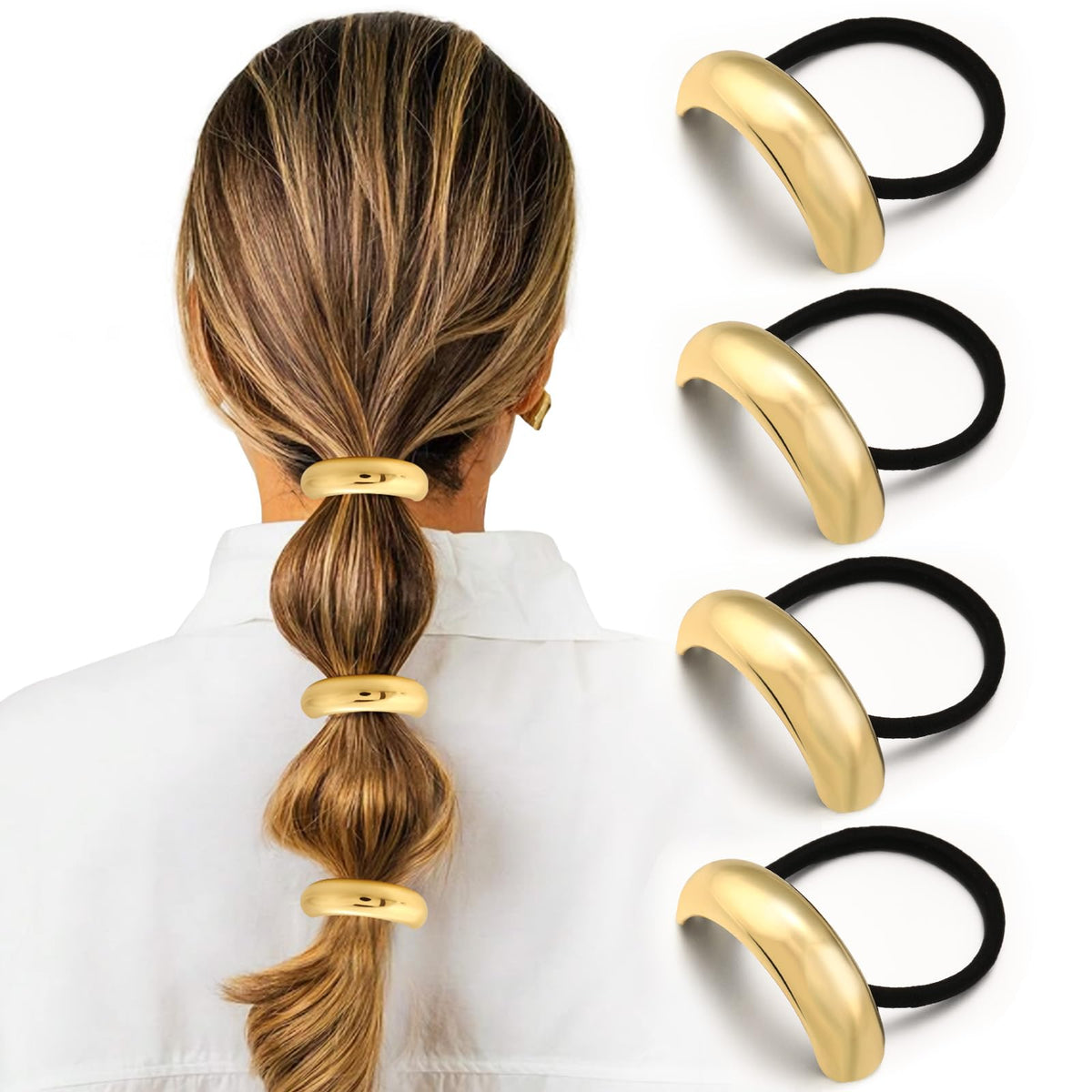 2PCS Gold Hair Ties for Women - Metal Hair Accessories for Thick Hair, Elegant and Durable Geometric Design, Ponytail Cuffs Stretchy Non-Damage
