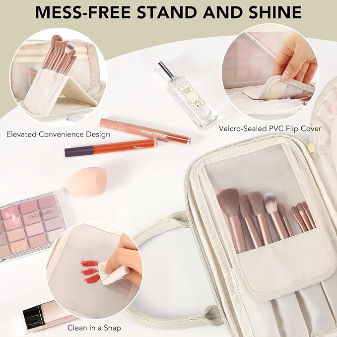 HauteHues Travel Makeup Bag for Women Stand Up Cosmetic Toiletry Case Beige