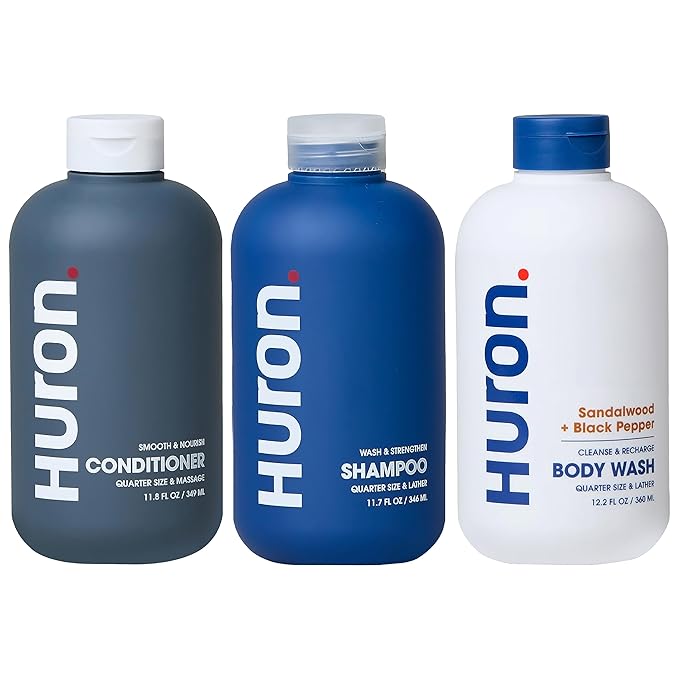 Huron Shampoo, Conditioner & Body Wash, Sandalwood + Amber 3-pack (11.3oz)