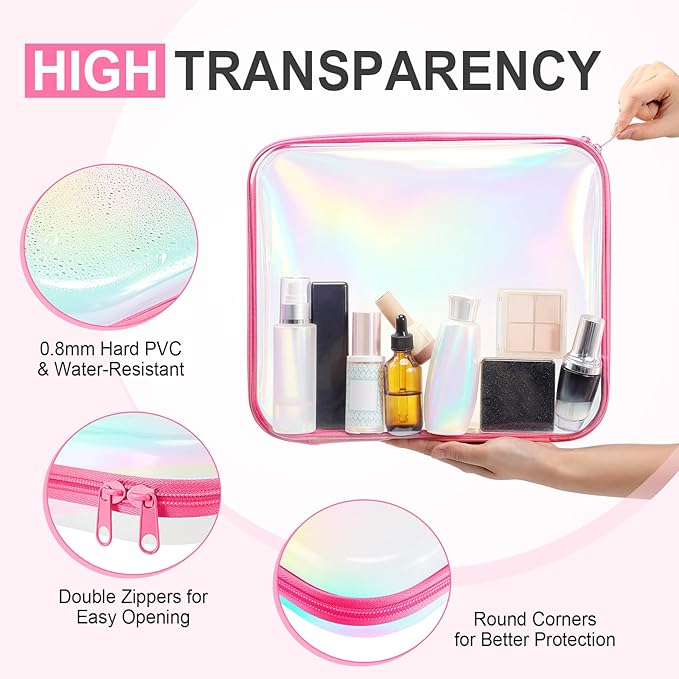 Hoolerry 3 Pcs Clear Hard Zipper Case Hard Plastic Zipper Pouch Makeup Bag Portable Travel Organizer for Cosmetics, Office Supplies, Documents & Toiletries(Laser,L)