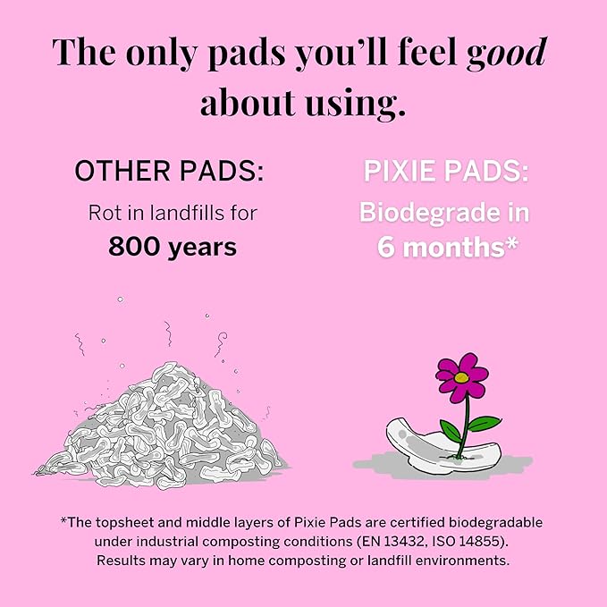 Pixie Organic Pads Cotton Ultra Thin Mini Pads for Teens - Liners with Wings - Light Absorbency Menstrual Pads - Hypoallergenic, Unscented & Biodegradable for Feminine Care - FSA Eligible - 64 Count