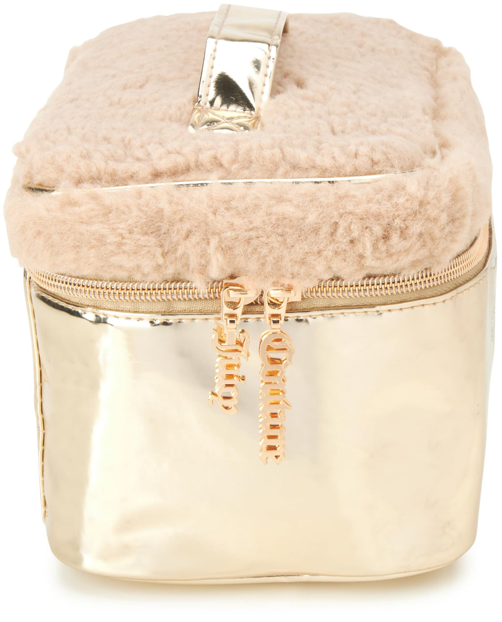 Juicy Couture Shiny Gold Makeup Bag, Faux Shearling Train Case, Rhinestones