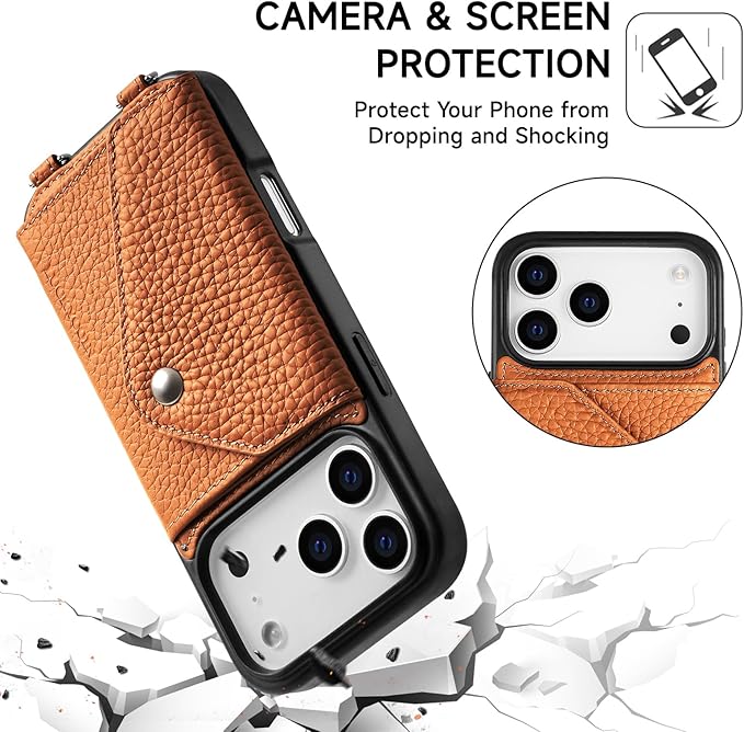 LUCKYCOIN Crossbody Phone Case for iPhone 17 Pro,100% Genuine Leather Phone Wallet Case for Women, Premium Hands-Free Phone Purse with Expandable Flip Card Holder & Adjustable Strap - Pebble Brown