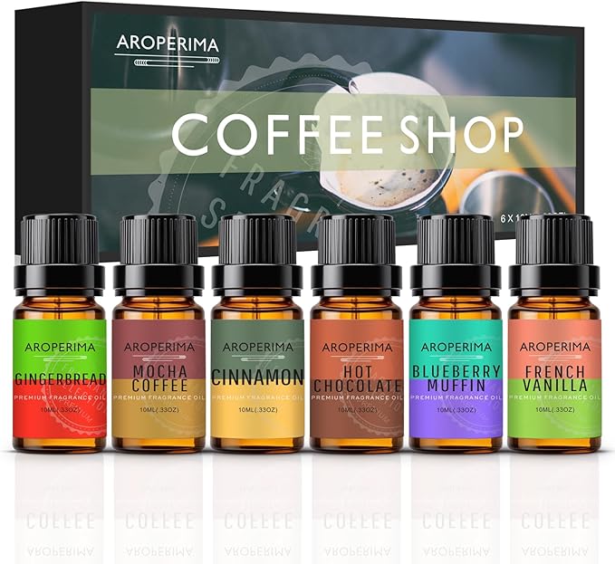 AROPERIMA Coffee Shop Fragrance Essential Oil Set - Mocha Coffee, Gingerbread, Hot Chocolate, Blueberry Muffin, French Vanilla, Cinnamon 6x10ML for Diffusers, Aromatherapy, Massage