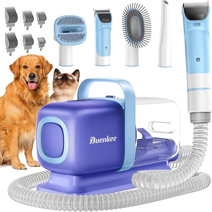 Buenkee Dog Grooming Vacuum Kit, 15000Pa Clipper, Shedding Brush, 2L, Blue