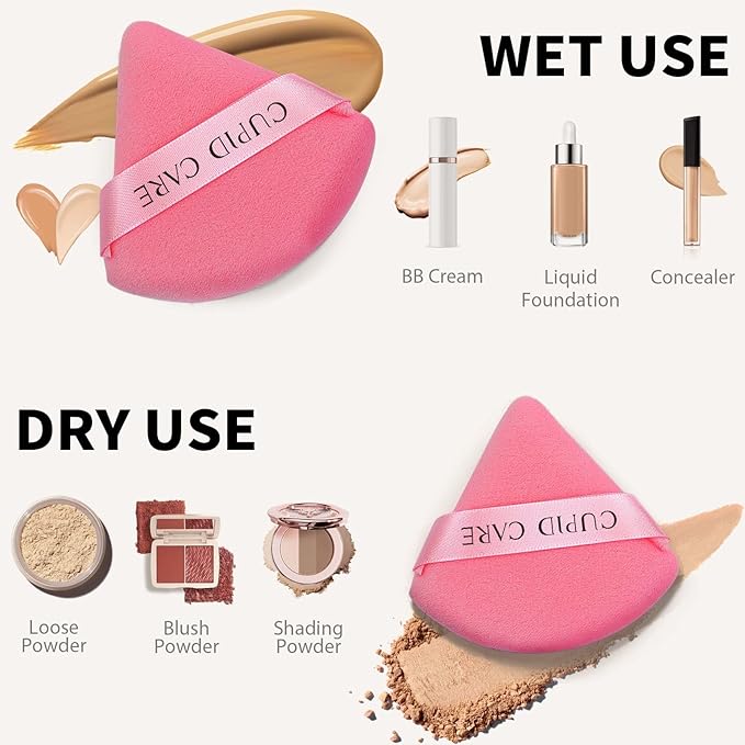 CUPID CARE 6 Pcs Triangle Powder Puff with 2 Travel Cases, Setting Powder Puffs for Face Powder and Foundation, Velour Makeup Puff for Loose Powder Body Powder, Skin-Friendly, Beauty Makeup Tools-Red