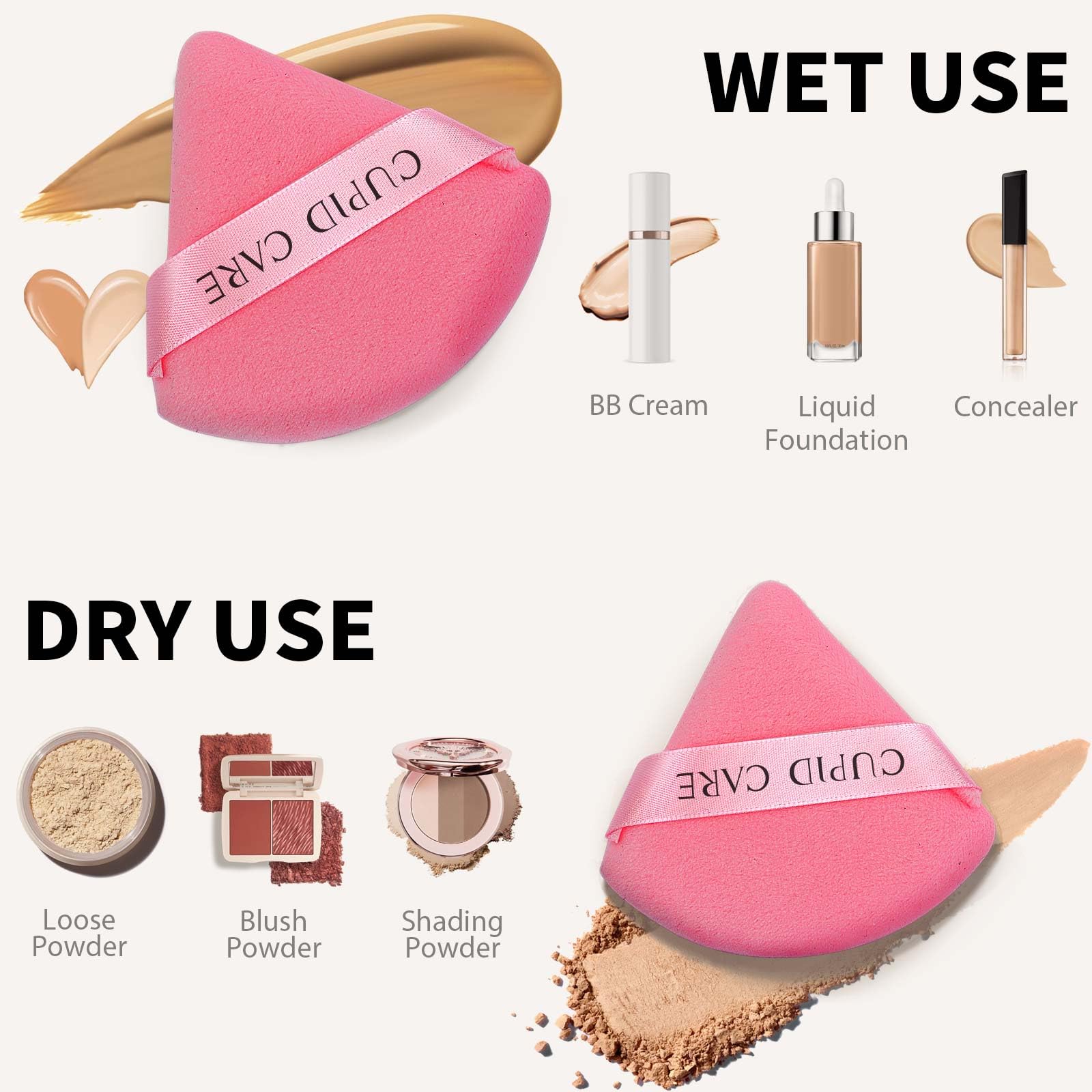 CUPID CARE 6 Pcs Powder Puff with 2 Travel Cases, Setting Powder Puffs for Face Powder and Foundation, Velour Makeup Puff for Loose Powder Body Powder, Skin-Friendly, Beauty Makeup Tools-Pink/Red