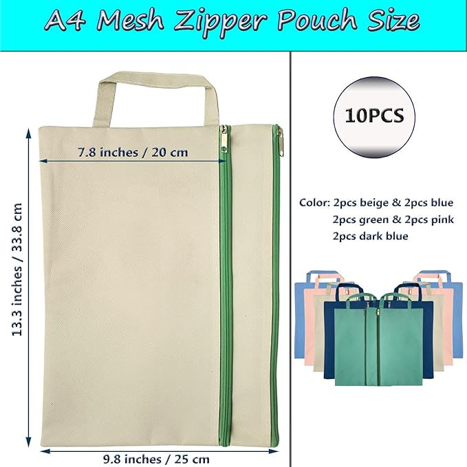 XIWUMOER A4 Mesh Zipper Pouch, Waterproof File Bag with Handle,Foldable Document Organizer for School, Office, Travel - Durable Folder with Puzzle Project/Cross Stitch (10)