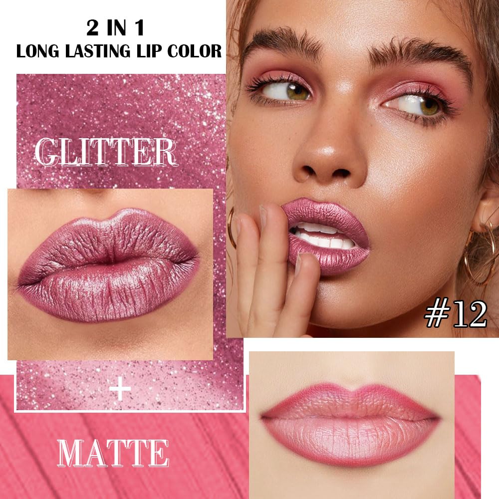 evpct Warm Pink Metallic Glitter Lip Liner and Lipstick Combo Lip Gloss Stain Set Makeup for Women Long Lasting Waterproof 24, Baby Pink Metallic Shimmer Frosted Iridescent Glossy Liquid Lipstick 12