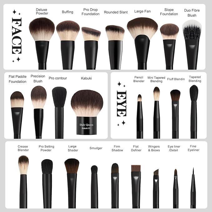 25 pcs Makeup Brush Set Holder Black Professional Kabuki Powder Concealers Eye shadows Blush Eyeliner Eyebrow Contour Eye blending Brushes (25pcs brush with box)