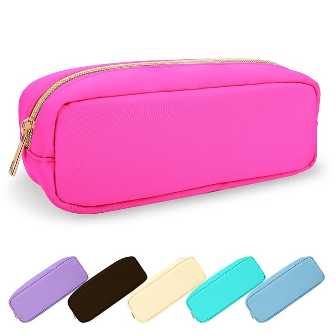 Small Pencil Case Makeup Bag for Purse, Cute Pencil Pouch Preppy Nylon Makeup Brush Bag with Zipper, Girls Portable Stationery Storage Case Small Pen Bag for Office School College(Slim-Bubblegum)