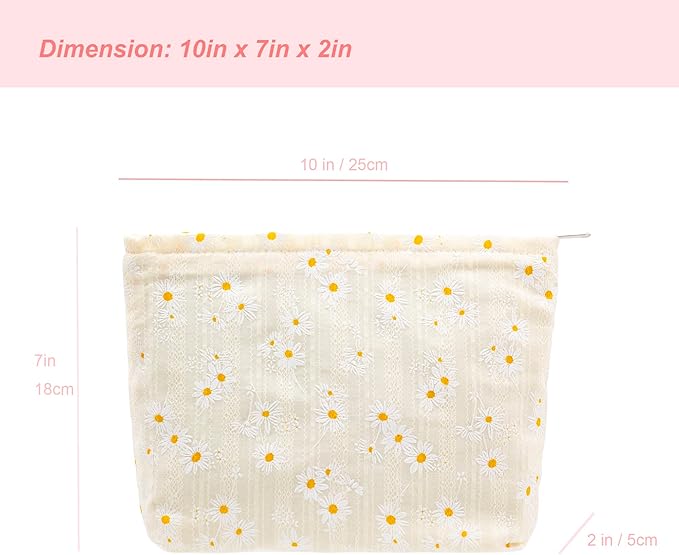 Flat Makeup Bag for Women,Zipper Cosmetic Pouch for Purse,Daisy Beige