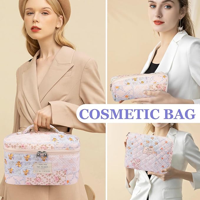 Gosect Makeup Bag Set, Quilted Makeup Bags, Large Floral Cosmetic Bag for Women, Cute Cotton Makeup Bags, Flower Travel Toiletry Organizer Bag (Folk Style)