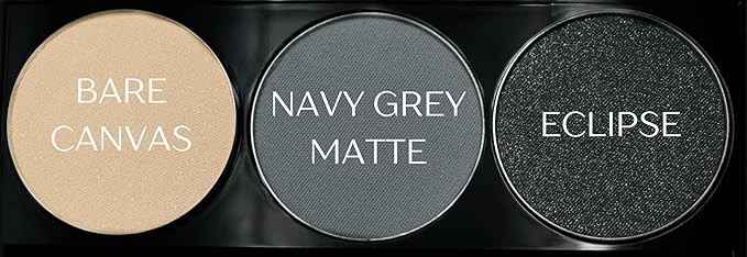 Pure Ziva Off White, Matte Medium Grey Blue, and Glitter Black Deep Navy Blue Vegan Eyeshadow Trio Palette; Talc, Paraben & Cruelty Free