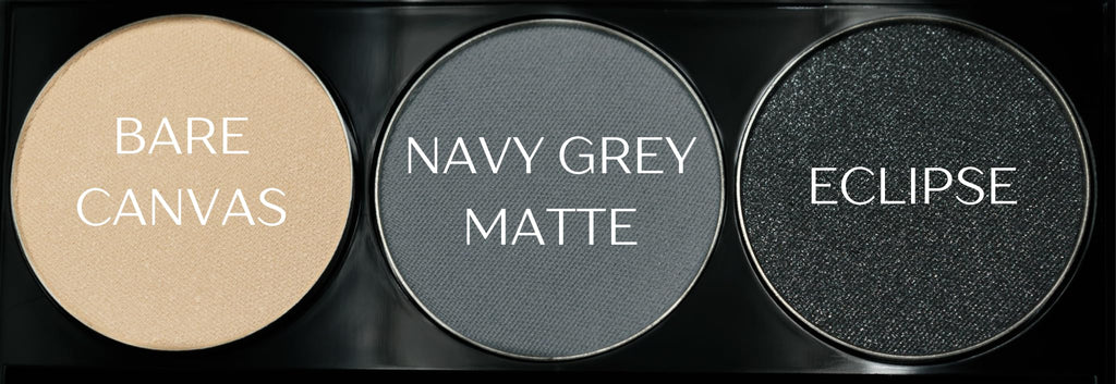 Pure Ziva Off White, Matte Medium Grey Blue, and Glitter Black Deep Navy Blue Vegan Eyeshadow Trio Palette; Talc, Paraben & Cruelty Free