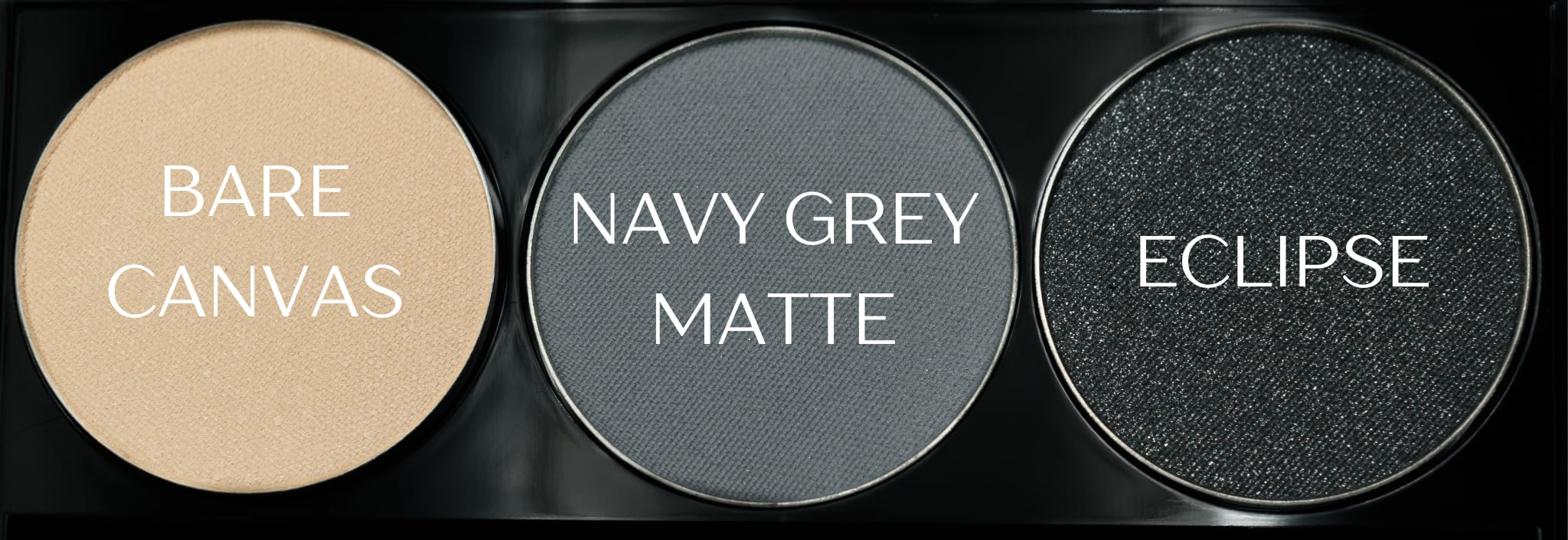Pure Ziva Off White, Matte Medium Grey Blue, and Glitter Black Deep Navy Blue Vegan Eyeshadow Trio Palette; Talc, Paraben & Cruelty Free