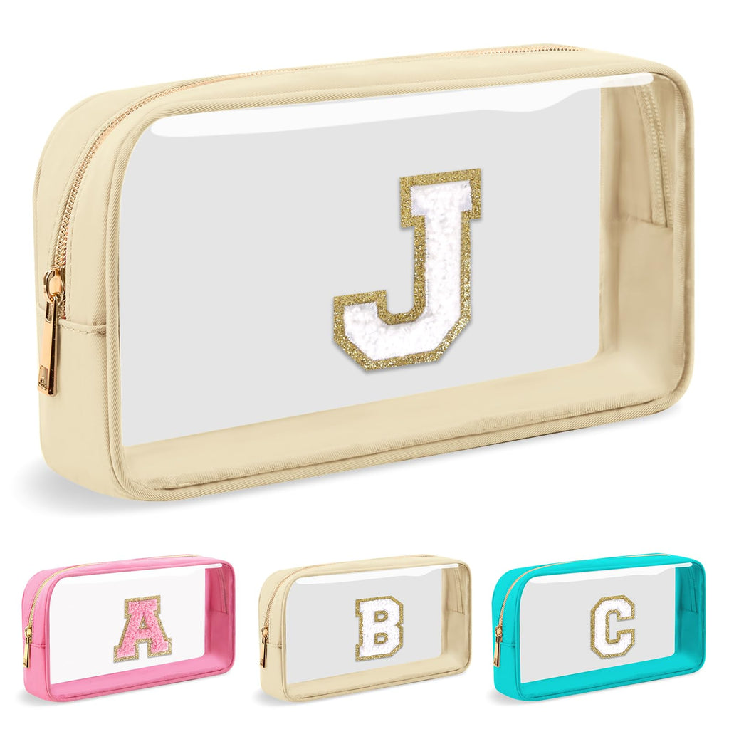 Personalized Initial Letter Clear Makeup Bag,Preppy Small Nylon&PVC Cosmetic Zipper Bag with Chenille Letter,Portable Beach Travel Skincare Toiletry Bag,Trendy Monogram Gift for Teen Girls Women,J