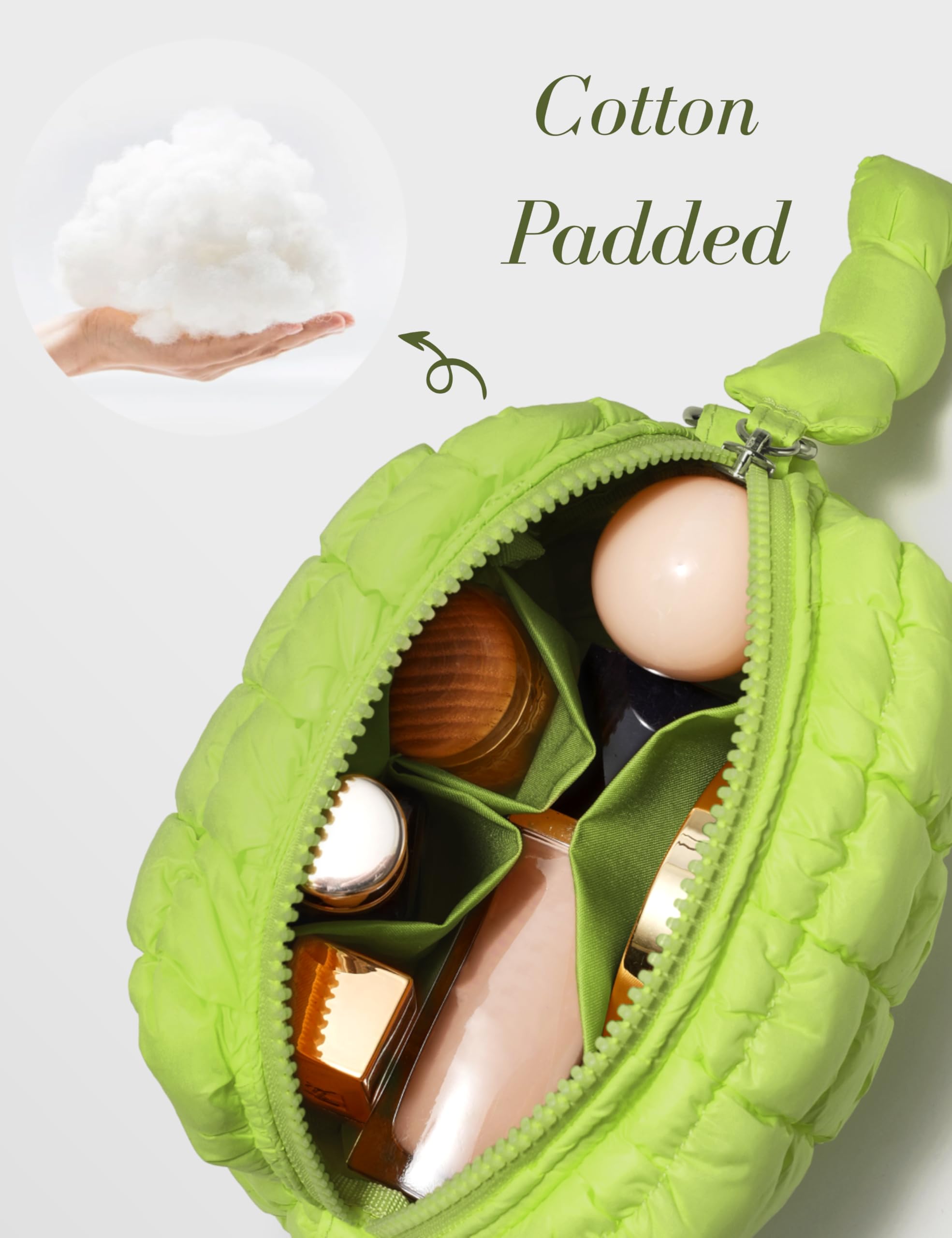 Yarnic Quilted Makeup Bag Quilt Cosmetic Bag, Puffy Travel Toiletry Bag for Women, Cute Makeup Bag Organizer Puffer Soft Makeup Pouch (Apple Green, S)
