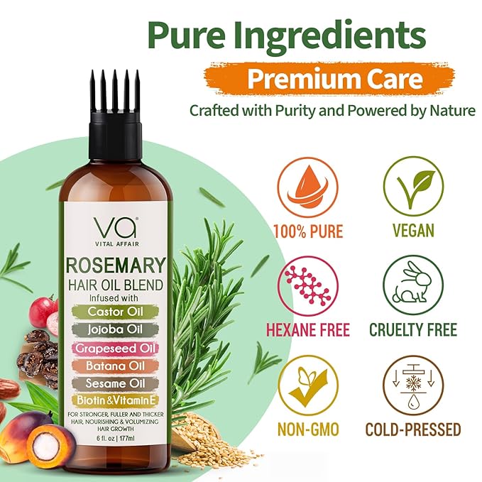 Blend Of Pure Rosemary Oil For Hair Growth 6 Fl Oz With Castor, Batana Oil