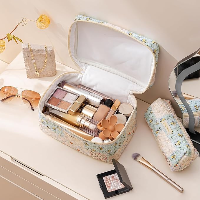 HBselect Quilted Makeup Bag, 3Pcs Cotton Large Travel Makeup Bags Organizer