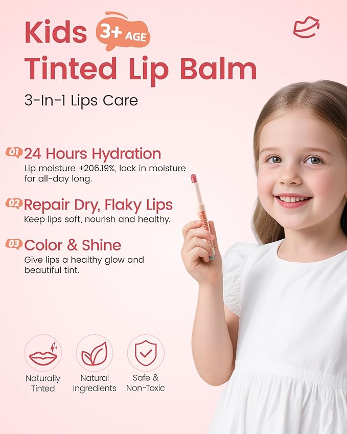 RUNBEN Kids Tinted Lip Balm, Juicy Pomegranate Lipstick