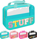 Chenille Letter Patch Stuff Bag, Preppy Clear Makeup Cosmetic Bag Large Toiletry Storage Tote Bag with Handle, Transparent Nylon Waterproof Organizer Zipper Pouch for Travel Women Girls(Green)