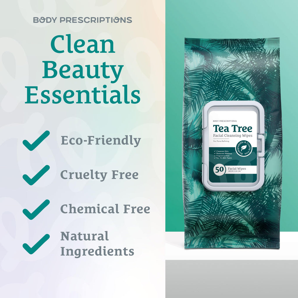 Body Prescription Makeup Cleansing Wipes - Gentle and Effective Face Wipes, 50 Count (Pack of 4), Tea-Tree
