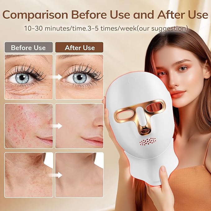 Red Light Therapy Mask for Wrinkles & Mild to Moderate Inflammatory Acne, Cordless Rechargeable Multi-Wavelength LED Facial Skincare Device for Home & Outdoor Use
