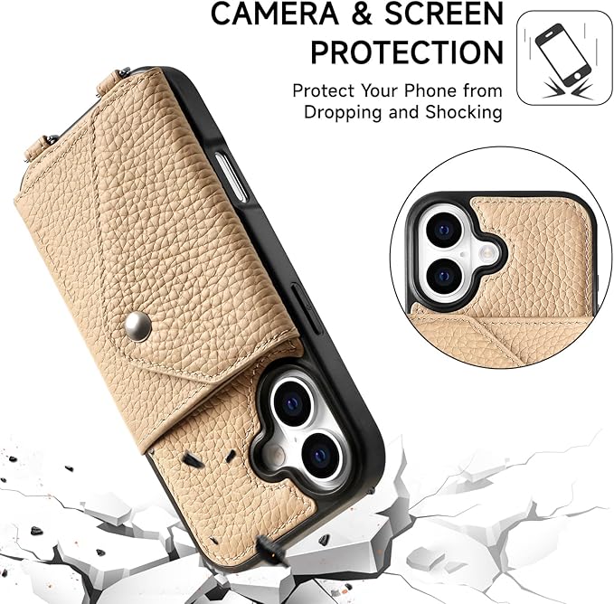 LUCKYCOIN Crossbody Phone Case for iPhone 17,100% Genuine Leather Phone Wallet Case for Women, Fashion Premium Hands-Free Phone Purse with Expandable Flip Card Holder & Adjustable Strap - Pebble Beige