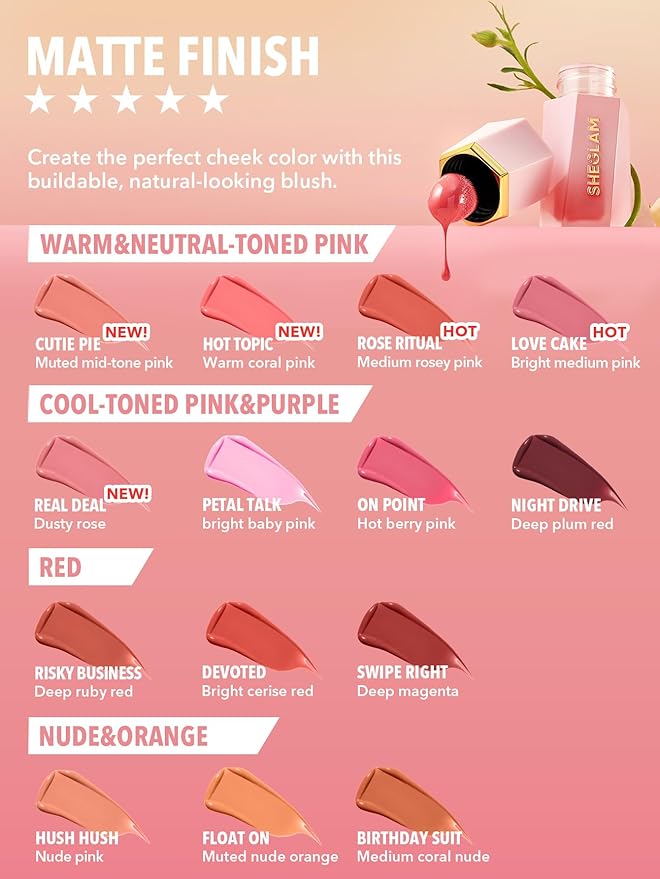 SHEGLAM Color Bloom Liquid Blush Makeup for Cheeks Matte Finish -004 Hot Topic