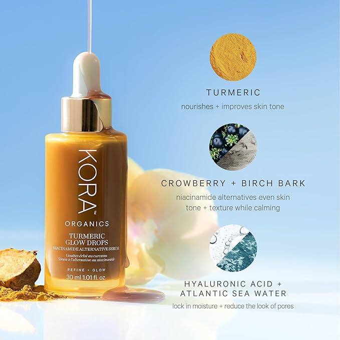 KORA Organics Turmeric Glow Drops Niacinamide Alternative Serum for Face, Gentle Hydrating Face Serum with Hyaluronic Acid, Helps Improve Texture, Pores & Dark Spot, Cruelty Free Skin Care, 0.34 fl oz