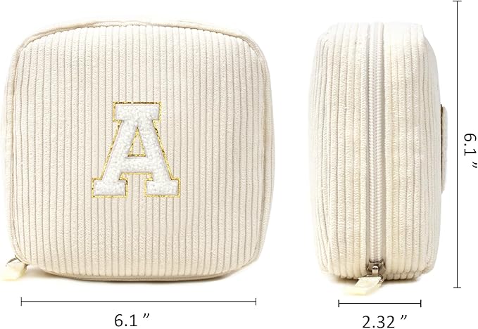 Preppy Personalized Initial Monogram Makeup Bag - Cosmetic Pouch Case for Women - Teacher, Sister, Friendship or Birthday Gifts (Letter A, Beige)