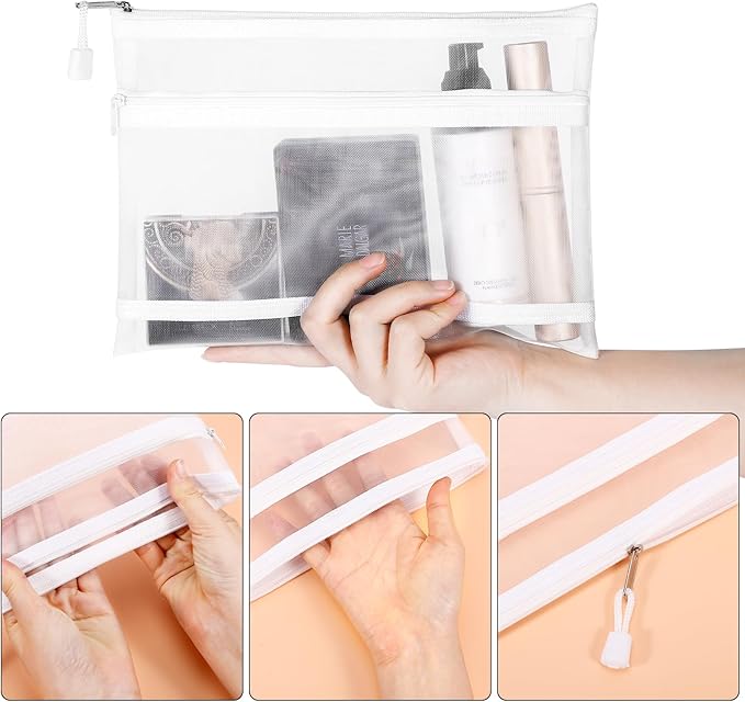 Sinzip 12 Pieces Zipper Nylon Mesh Pouch, Mesh Cosmetic Bags Makeup Bags Pencil Case, Multipurpose Travel Bags for Cosmetic School Office Supplies and Travel Accessories (2 Layers-White, A5)