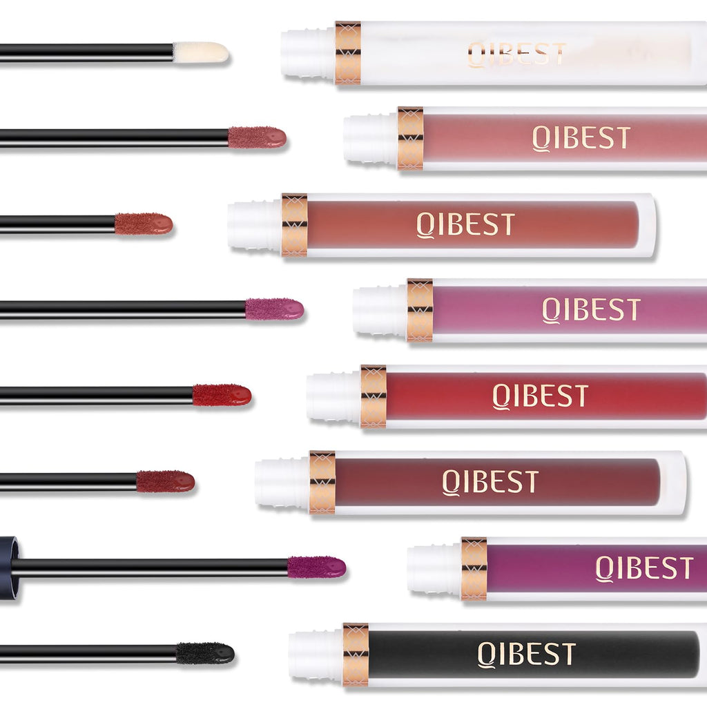 QiBest 7Pcs Matte Liquid Lipstick wiith 1Pc Lip Plumper Makeup Set, Dark Black Purple Lipstick Goth Halloween Lip Set Waterproof Lip Gloss Kit Pigmented Long Lasting Lipstick Makeup for Women & Girls