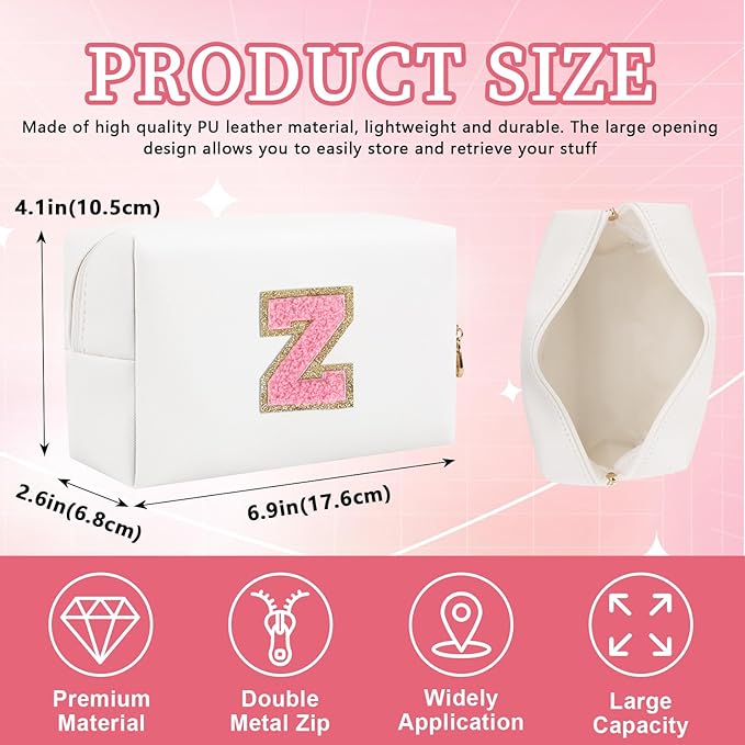 Personalized Initial Letter Patch Makeup Bag, Preppy Portable Chenille Letter Cosmetic Bag with Zipper, PU Leather Waterproof Travel Toiletry Bag Monogram Make Up Pouch for Women Girls(Letter Z)