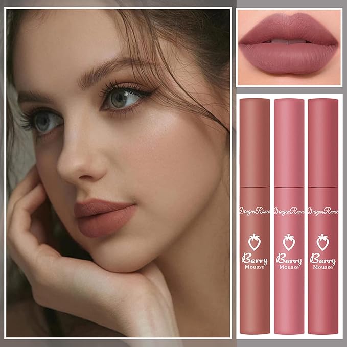 3Pcs Matte Lipstick Set, Dark Velvet Red Color Nude Lip Stain Long Lasting