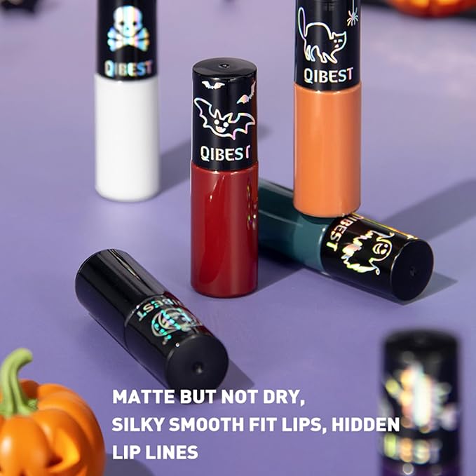 Domality 6pcs Matte Liquid Lipstick Makeup Set, Dark Black Green Purple Red Orange White Lip Gloss Kit With Case, Vivid Vampire Velvet Lip Stick for Halloween Cosplay Goth Costume Makeup