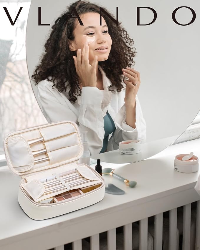 VLANDO Makeup Travel Bag with Separate Brush Storage,White