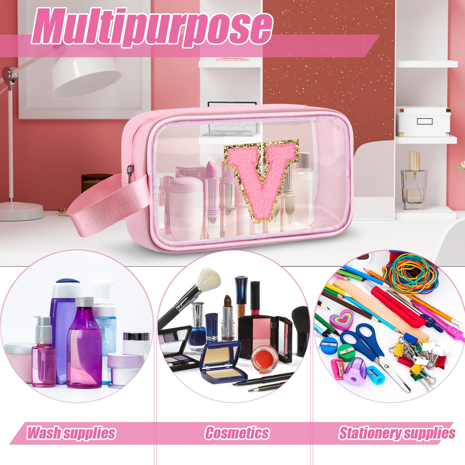 Vodolo Initial Makeup Bag,Letter V Cute Clear Monogrammed Cosmetic Travel Bag for Womens Girls,Personalized Pink Aesthetic Traveling Make Up Organizer Bag for Beach,Waterproof Toiletry Bag