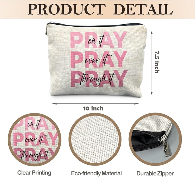 Likjad Pink Christian Makeup Bag, Pray On It Pray Over It Bible Verse Cosmetic Bags for Women, Trendy Girly Christian Makeup Pouch, Religious Gifts Zipper Pouch