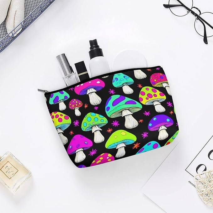 Meaudiwes Fashion Zipper Cosmetic Case, Portable Makeup Case, Personality Toiletry Bag, Travel Cosmetic Toiletry Bag Trippy Magic Neon Mushrooms