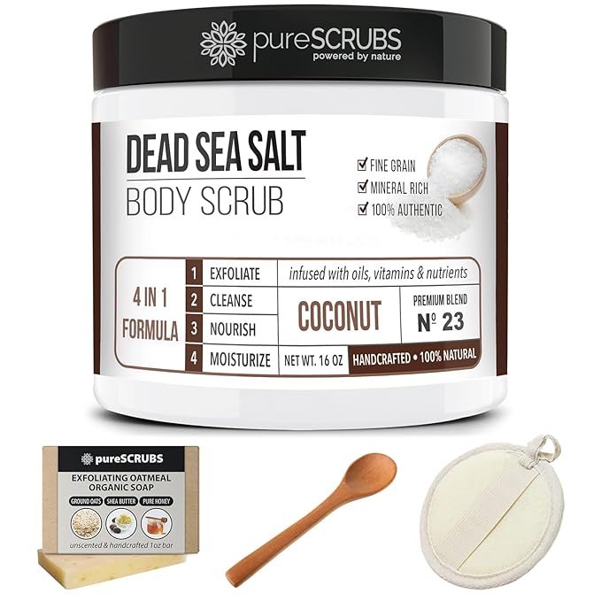 pureSCRUBS Premium Coconut Body Scrub Set, Exfoliating Dead Sea Salt Scrub