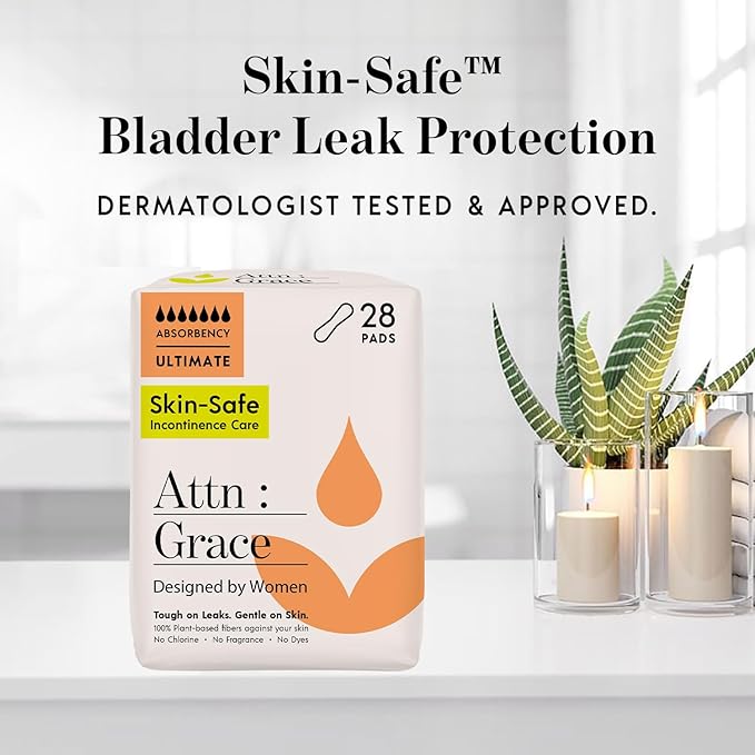 Attn: Grace Ultimate Incontinence Pads for Women, 2-Pack (56 Pads Total / 28 per Pack) - Plant-Based, High Absorbency, Breathable - Overnight Pads for Heavy Bladder Leaks & Sensitive Skin