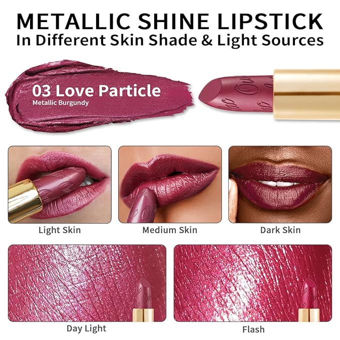 Oulac Burgundy Lipstick for Women with Metallic 3D Shine Lightweight Hydrating Formula, High Impact Lip Color, Full Coverage Lip Makeup, Vegan & Gluten Free, Love Particle(03)
