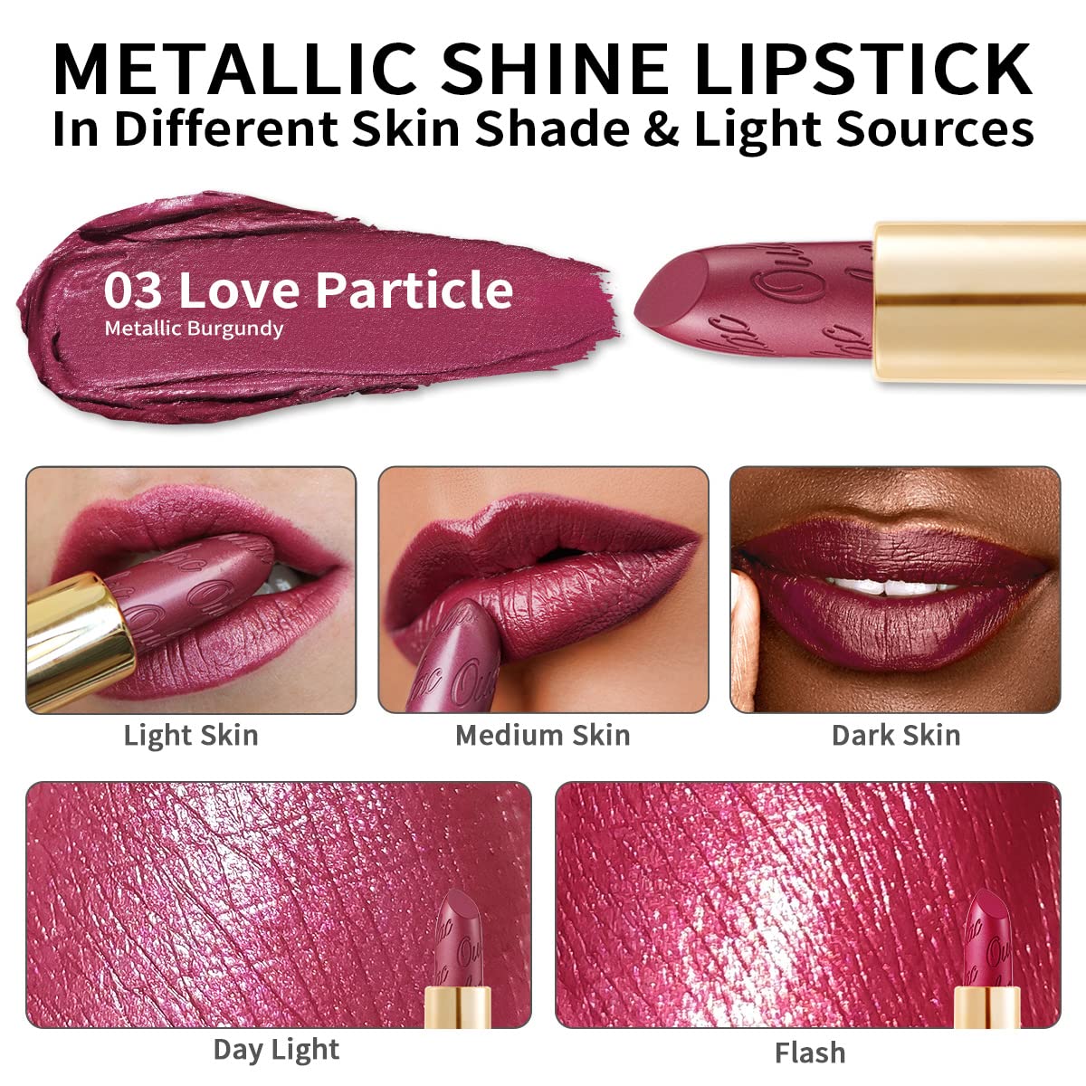 Oulac Burgundy Lipstick for Women with Metallic 3D Shine Lightweight Hydrating Formula, High Impact Lip Color, Full Coverage Lip Makeup, Vegan & Gluten Free, Love Particle(03)