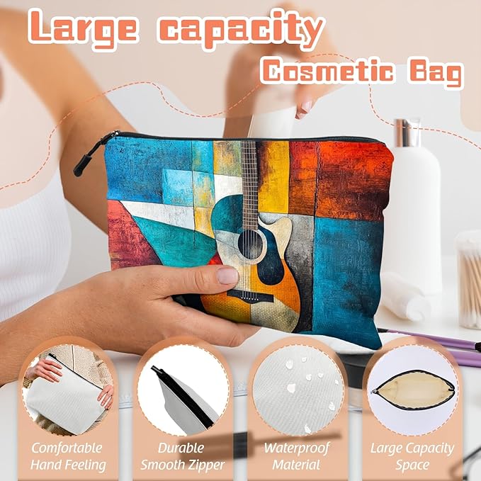 Scribesense Cosmetic Bags Travel Makeup Toilet Case Waterproof Pouch for Women Girls 6.7X9.45inches - Abstract Guitar in A Multicolored Geometric Composition