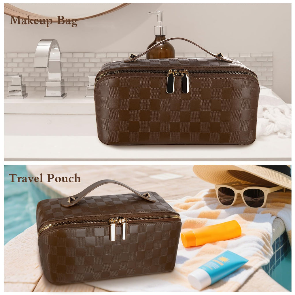 Abiudeng Travel Makeup Bag,Large Capacity Toiletry Bag Cosmetic Bags for Travel Essentials,Waterproof Portable Pouch Open Flat Makeup bag Organizer with Divider and Handle(Checkered-Brown)