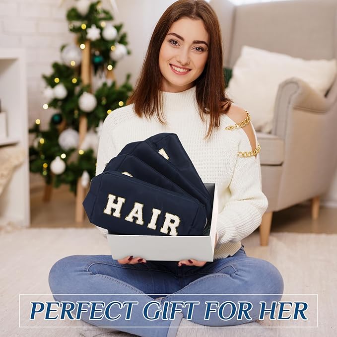 Cunno Preppy Makeup Bags Chenille Letter Stuff Bag Nylon Cosmetic Pouch Cases with Zipper for Women Travel Toiletry(Dark Blue,Classic,4 Pcs)